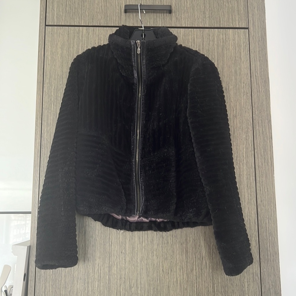 Anthropologie Faux Fur Navy Blue Zip Jacket sz Small